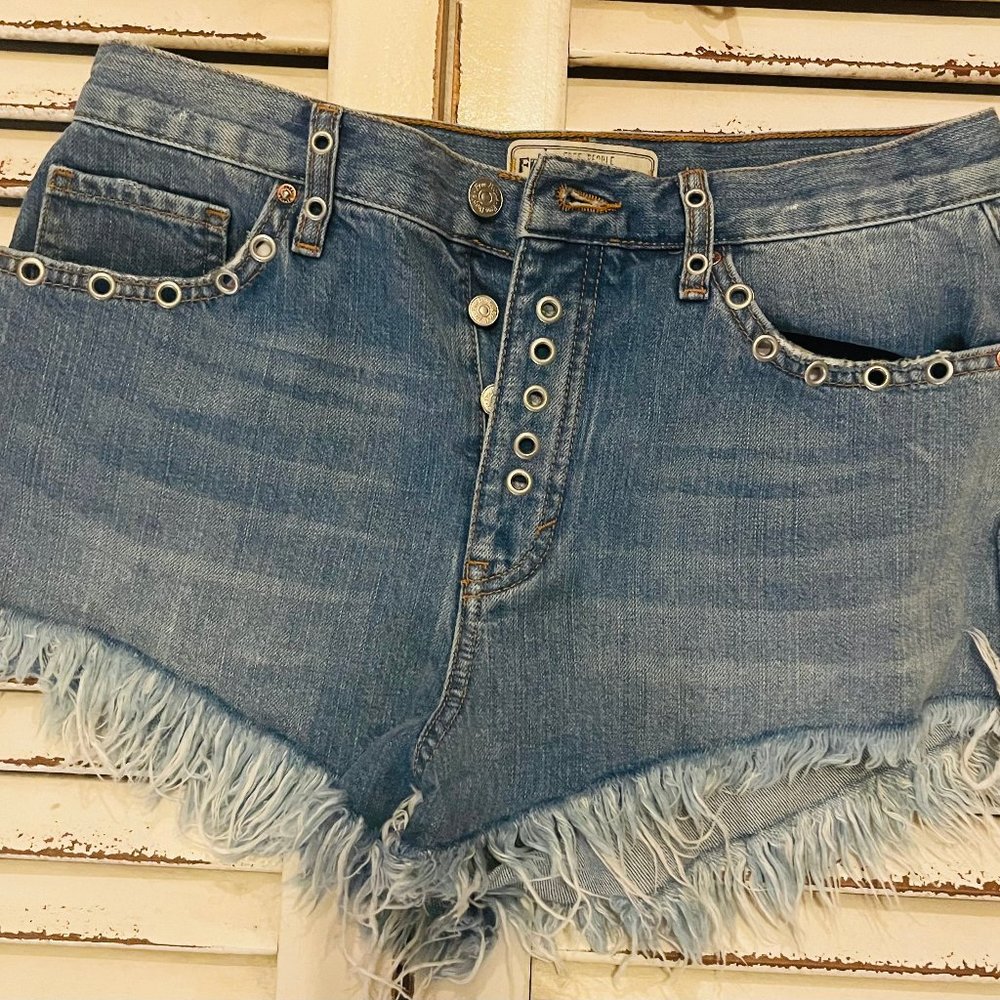 Free People Denim Jean Shorts with metal/silver detail to pockets button fly